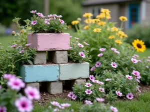 Cottage Garden Block Border - Close-up of softly painted cinder blocks in cottage garden colors, overflowing with traditional cottage garden flowers