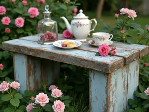 Cottage Garden Block Tea Table - Charming tea table created from vintage-painted cinder blocks with a weathered wood top, surrounded by climbing roses and cottage garden flowers, intimate close-up