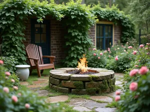 Cottage Garden Fire Pit - Intimate view of a moss-covered cinder block fire pit surrounded by climbing roses, English ivy, and cottage garden flowers