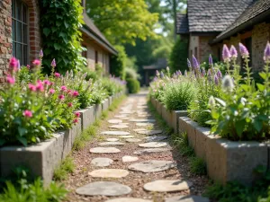 Cottage Garden Pathway - Wide-angle view of a charming pathway lined with cinder blocks used as planters, overflowing with cottage garden flowers and herbs, creating a romantic country atmosphere