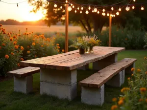 Country Farm Block Table - Long rustic dining table made from natural cinder blocks and barn wood, surrounded by wildflower garden and string lights, sunset wide angle view