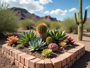 Desert Block Succulent Display - Eye-level view of a southwestern-style cinder block arrangement filled with colorful succulents and cacti, desert landscape background