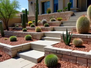 Desert Cacti Display - Normal view of a southwestern-style terraced display using natural gray cinder blocks, featuring various cacti and desert plants, with crushed red rock mulch