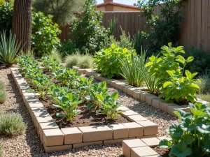 Desert Vegetable Garden - Heat-resistant vegetable garden with light-colored cinder blocks. Desert-adapted vegetables growing with careful spacing, drought-tolerant plants in block holes. Wide angle view showing xeriscaping principles.