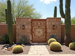 Desert Modern Block Screen - A decorative cinder block screen wall featuring a southwestern pattern, surrounded by desert landscaping with tall saguaro cacti and golden barrel cacti, aerial view