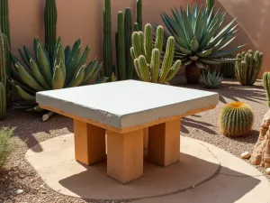 Desert Modern Block Table - Southwestern-style table made from sand-colored cinder blocks with a concrete top, surrounded by cacti and desert plants, wide angle desert garden setting