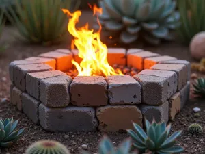 Desert Modern Fire Pit - Close-up of a geometric cinder block fire pit with southwestern patterns, surrounded by succulents and desert plants, sunset lighting