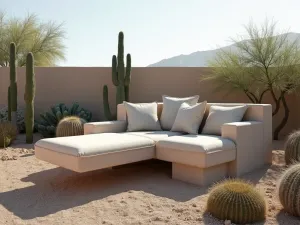 Desert Modern Lounger - Minimalist lounge chair made from smooth-finished cinder blocks with geometric cushions, surrounded by desert landscaping and cacti