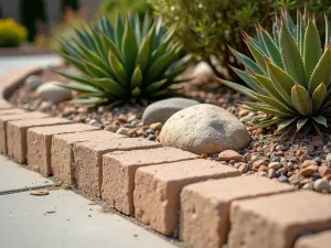 Desert Rock Garden Edge - Close-up of sand-colored cinder block edging with desert plants and decorative rocks, creating a xeriscape border