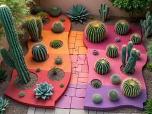 Desert Sunset Painted Planters - Aerial view of a desert garden featuring cinder blocks painted in sunset colors (orange, pink, and purple), filled with various cacti and desert plants