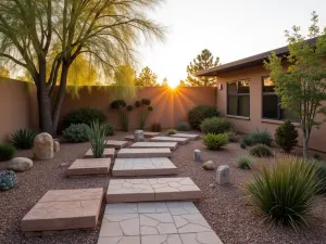 Desert Xeriscape Blocks - Southwestern-style arrangement of cinder blocks with drought-resistant plants and decorative gravel, warm sunset lighting, normal view