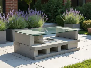 Floating Block Coffee Table - Wide angle shot of a modern outdoor coffee table made from horizontally stacked cinder blocks with a glass top, surrounded by potted lavender plants