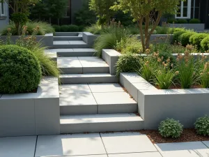 Geometric Pattern Edge - Modern geometric pattern created with alternating horizontal and vertical cinder blocks as garden edging, with sculptural plants