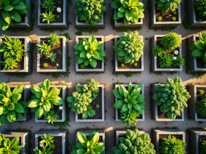 Geometric Vegetable Garden - Modern geometric pattern of cinder block raised beds from aerial view, filled with colorful vegetables, organized in a grid pattern, morning light casting soft shadows