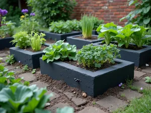 Gothic Garden Design - Dark-painted cinder block vegetable garden with dramatic purple and black vegetables. Victorian-inspired layout with wrought iron accents. Wide angle view showing the unique aesthetic.