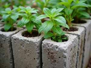 Herb Garden Edge - Close-up detail of vertical cinder blocks used as garden edging, with herbs planted in the holes, including basil, oregano, and mint