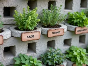 Herb Garden Wall - A functional cinder block wall with multiple planting holes containing various herbs: sage, thyme, oregano, and mint, each section labeled with ceramic markers, close-up view