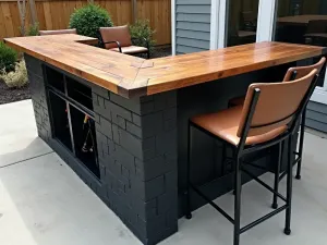 Industrial Bar Setting - Close-up of an outdoor bar made from black-painted cinder blocks with a reclaimed wood top, featuring built-in wine storage and contemporary bar stools