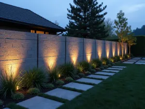 Industrial Chic Fence - A minimalist cinder block fence with metal accents and integrated LED lighting, featuring ornamental grasses and black mondo grass in geometric patterns, dusk shot