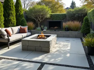 Industrial Chic Fire Pit - Wide angle shot of a metal-trimmed cinder block fire pit with exposed hardware, concrete pavers, and architectural plants