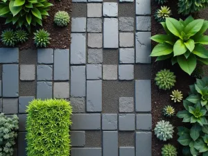 Industrial Modern Block Pattern - Aerial view of charcoal and metallic painted cinder blocks arranged in a contemporary pattern, with architectural plants