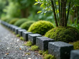 Japanese Garden Edge - Zen-inspired garden edging with charcoal-colored cinder blocks, surrounded by moss and small bamboo, shot from a low angle