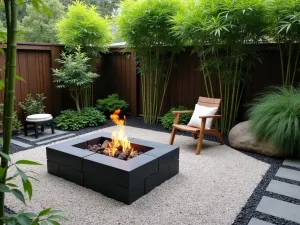 Japanese Garden Fire Pit - Zen-inspired cinder block fire pit with black painted blocks, surrounded by bamboo, Japanese maples, and raked gravel patterns