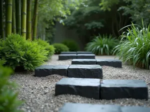 Japanese-Inspired Block Garden - Close-up of charcoal-painted cinder blocks arranged in a minimalist pattern, planted with bamboo and Japanese forest grass, zen-like atmosphere