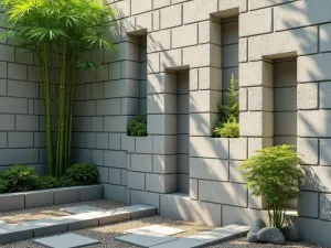 Japanese-Inspired Block Wall - A zen-like cinder block wall with alternating vertical and horizontal blocks, creating geometric shadows, with bamboo plants and small Japanese maples growing through strategic openings, close-up shot