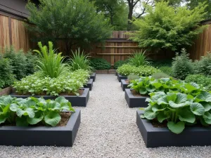 Japanese Inspired Garden - Zen-inspired vegetable garden with charcoal-painted cinder blocks. Organized rows of vegetables with gravel paths and bamboo accents. Normal view showing the peaceful arrangement.