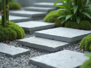 Japanese Zen Block Garden - Close-up of minimalist gray and white painted cinder blocks arranged in a Zen pattern, featuring bamboo and moss plantings