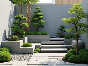 Japanese Zen Corner - Wide-angle shot of a minimalist corner garden featuring grey cinder blocks arranged in a stepped pattern, adorned with small bonsai trees and moss, incorporating small pebbles and architectural bamboo