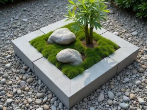 Japanese Zen Garden - Minimalist cinder block raised bed with carefully arranged rocks, moss, and small bamboo, raked gravel surroundings, aerial perspective