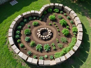 Keyhole Garden Design - Circular keyhole garden made with cinder blocks, featuring a central compost area. Various vegetables growing in concentric circles. Aerial view showing the distinctive keyhole shape.