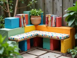 Kids Reading Nook - Close-up of a colorful children's reading corner made from painted cinder blocks forming bookshelf seats, with weather-resistant cushions and educational garden markers