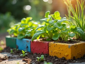 Kids Rainbow Garden - Colorful painted cinder block garden with child-safe plants and vegetables, educational plant markers visible, cheerful morning light, close-up view