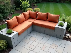 L-Shaped Block Bench with Planters - Aerial view of an L-shaped garden bench created from natural gray cinder blocks with built-in succulent planters at each end, cushioned with outdoor fabric in terracotta tones