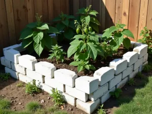 L-Shaped Raised Bed - An L-shaped raised bed garden created with stacked cinder blocks, painted white. Flourishing with bell peppers, cucumbers, and herbs. Corner garden setting against a wooden fence, afternoon sunlight. Normal view.