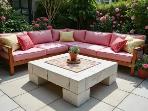 Mediterranean Block Coffee Table - Low-lying patio coffee table made from whitewashed cinder blocks and ceramic tile top, surrounded by colorful cushions and potted bougainvillea, wide angle view