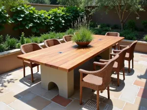 Mediterranean Style Dining Set - Aerial view of a Mediterranean-inspired outdoor dining area with cinder block base table, wooden top, and built-in herb garden planters along the edges