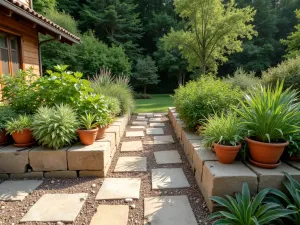 Mediterranean Block Herb Garden - Eye-level view of sun-bleached cinder blocks forming a raised bed filled with Mediterranean herbs, terracotta pots integrated into design