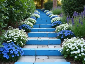 Mediterranean Blue Block Steps - Wide-angle shot of terraced garden steps made from cinder blocks painted in various shades of Mediterranean blue, lined with white alyssum and blue lobelia