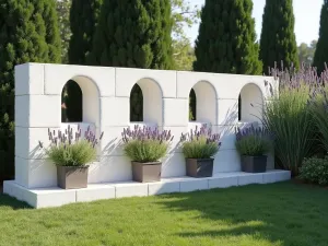 Mediterranean Cinder Block Privacy Screen - An artistic cinder block privacy screen with staggered openings, painted in white, featuring potted lavender and rosemary plants, with Mediterranean cypress trees in the background, wide angle view