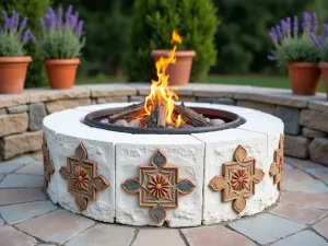 Mediterranean Style Fire Pit - Close-up of a whitewashed cinder block fire pit with decorative Mediterranean tiles, potted lavender and rosemary plants, terra cotta accents