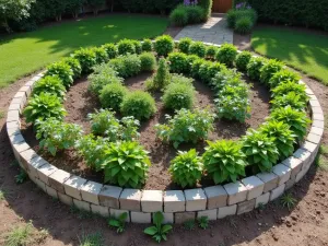 Mediterranean Herb Spiral - Spiral-shaped cinder block raised bed with Mediterranean herbs arranged by height, dry-stack method, wide angle view showing entire spiral pattern