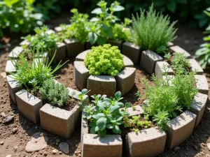 Mediterranean Herb Spiral - Close-up of a spiral-shaped herb garden created with cinder blocks, featuring Mediterranean herbs arranged by water needs, with a rustic, sun-bleached appearance