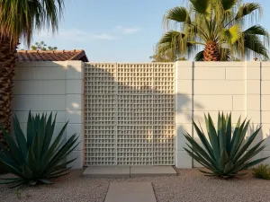 Mid-Century Modern Screen - A decorative cinder block screen wall with a classic mid-century pattern, surrounded by architectural agaves and palm trees, photographed from an angle to show shadow patterns