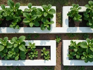 Modern Minimalist Garden - Clean-lined vegetable garden with white-painted cinder blocks in a minimalist arrangement. Carefully spaced vegetables with geometric precision. Aerial view emphasizing the modern design.