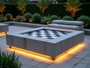 Modern Chess Table - Close-up of a geometric cinder block chess table with built-in seating and integrated LED lighting, surrounded by modern landscaping