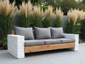 Modern Cinder Block Sofa - A sleek outdoor sofa made from white-painted cinder blocks and thick wooden slats, adorned with gray weather-resistant cushions, set against a contemporary garden backdrop with ornamental grasses